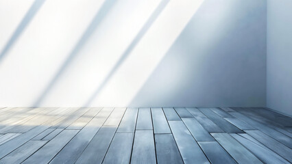 Simple light blue and gray wooden floor with soft shadows from the window, creating an empty space for product display or background design.