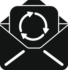 Black icon of an opened envelope containing a round arrow symbol representing email marketing