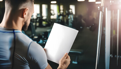 Fototapeta na wymiar Man looking at a white empty magazine cover DIN A4 format as a mock-up. Gym. Training.
