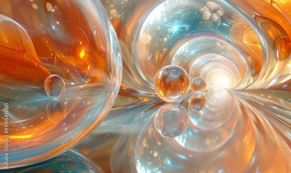 Poster dynamic 3d rendering illustration of sphere glass with rainbow colorful reflections composition.