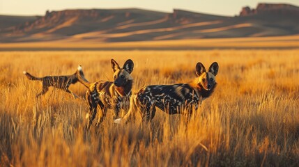 Two spotted dogs are standing in a field of tall grass