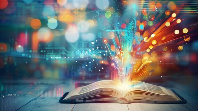 Open book with glowing pages, symbolizing effective learning and education. The image captures the essence of creativity, imagination, and the power of reading to expand horizons.