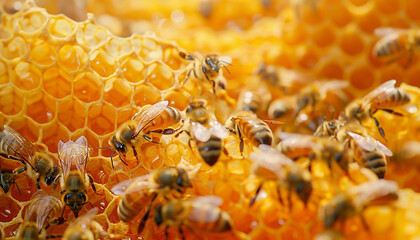 Close-up of bees on a honeycomb, showcasing their activity and the structure