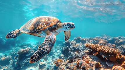 Obraz premium A turtle swimming in the ocean with coral and fish in the background