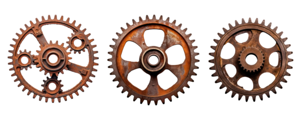 set of rusty gears round steel metal mechanical isolate transparent background