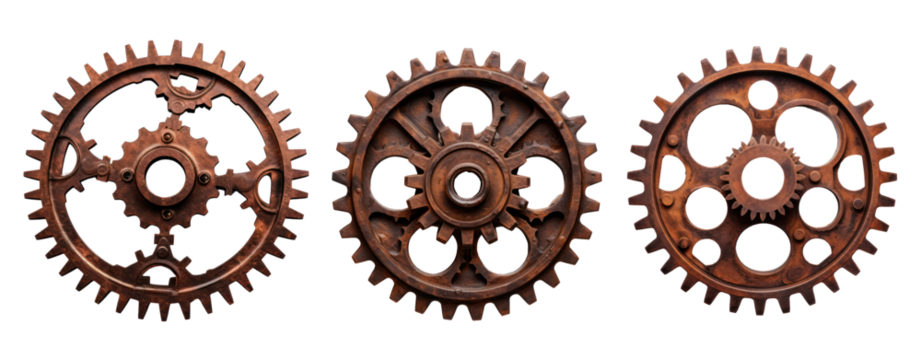 set of rusty gears round steel metal mechanical isolate transparent background