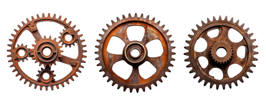 set of rusty gears round steel metal mechanical isolate transparent background