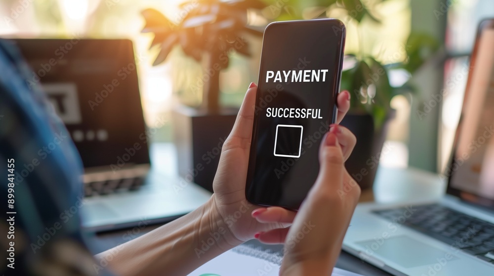Poster digital screen displaying successful payment with a secure transaction icon, symbolizing safe and ef