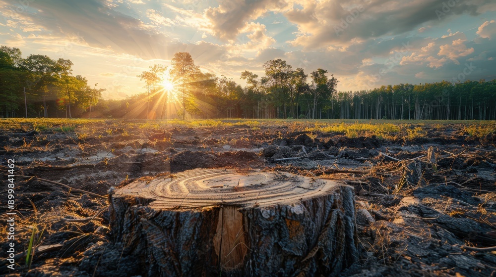 Poster a large tree stump sits in a field with a cloudy sky in the background