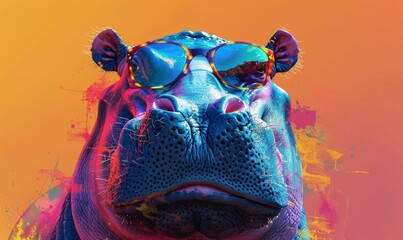 A creative and humorous image of a hippo with hipster glasses against a gradient background, artful and playful