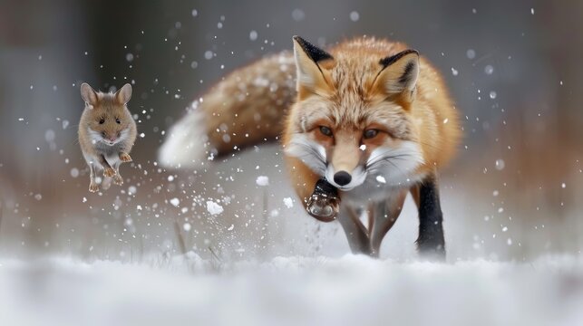 A fox is running through the snow, chasing a mouse