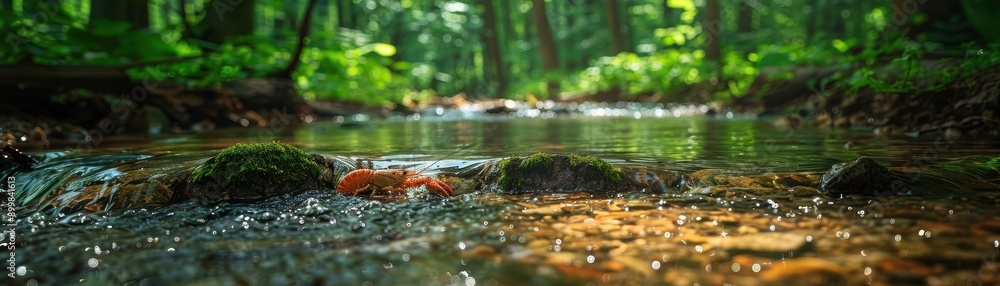Poster A stream with a rock in the middle of it
