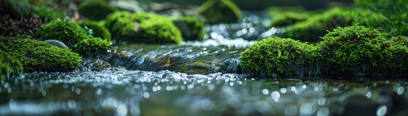 Fototapeta premium A stream with green moss growing on the rocks