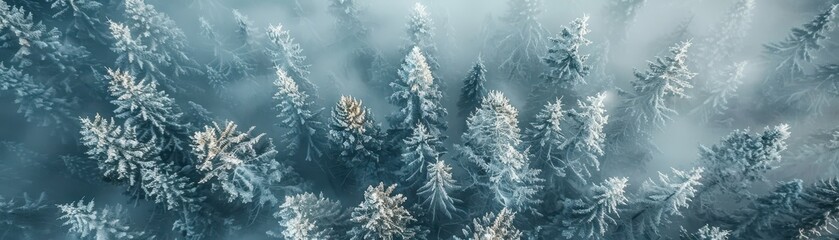 A forest with snow on the trees and a foggy atmosphere