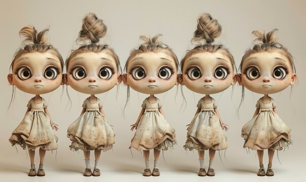 many differnt poses of same cute character of a girl with large eyes, long eyelashes, a big poofy dress , small feet , tiny arms and legs ,happy, artist style of jasmine becker