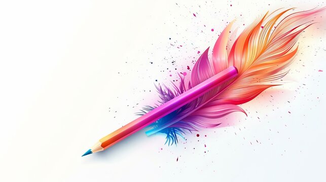 Colorful pencil with colorful feather design on white background vector illustration art style, digital art, 3d rendering, adobe illustrator, ad poster t