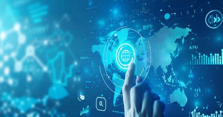 Digital marketing, data technology and business", "G Ally" in the middle of screen with finger touching icon on digital interface showing graphs and charts for market growth . The background is bl