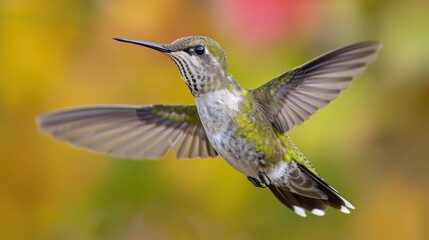 A hummingbird is flying in the air with its wings spread wide
