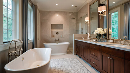Fototapeta premium A high-end bathroom with a freestanding bathtub, walk-in shower, and stylish fixtures, captured in sharp focus