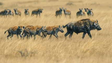 A herd of hyenas are walking through a field of tall grass