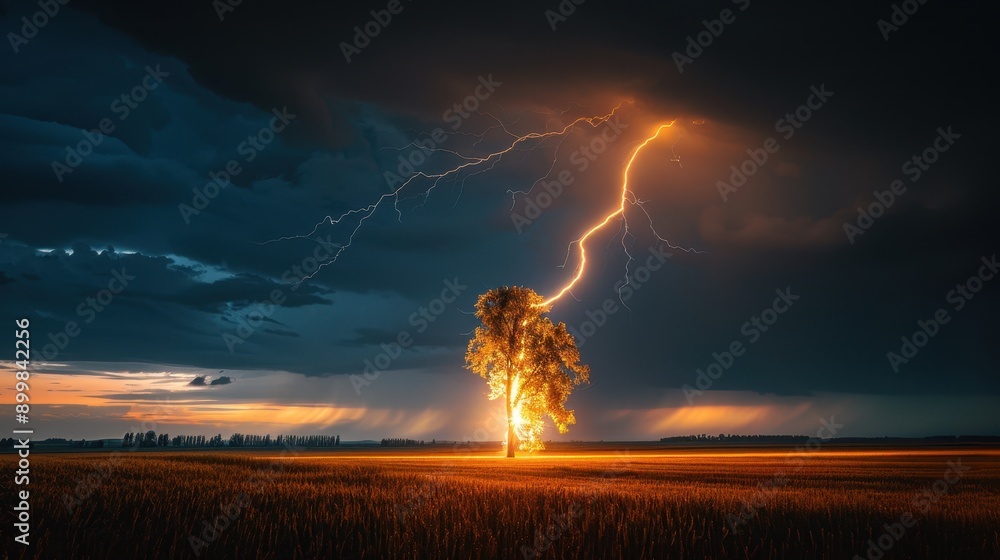Poster a tree is lit up by a lightning bolt in a field