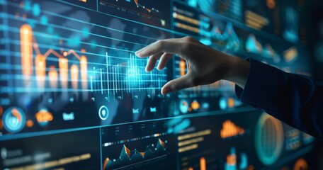 Hand touching digital screen displaying data and business graphs, representing the use of AI in marketing for analytics or content creation on 