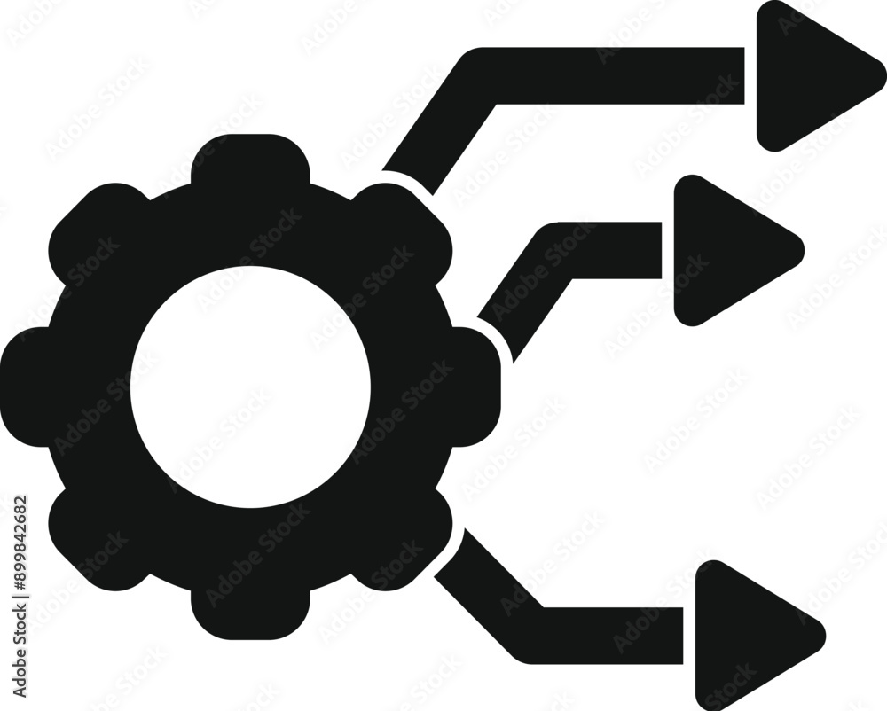 Poster black and white icon of a gear generating three arrows, symbolizing business process optimization an