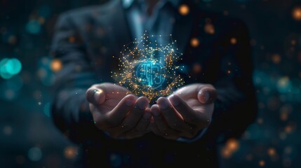 Photo of a Businessman holding a digital icon with hologram technology and data flow decoration, representing the artificial intelligence concept in the background. The style is reminiscent of an AI 