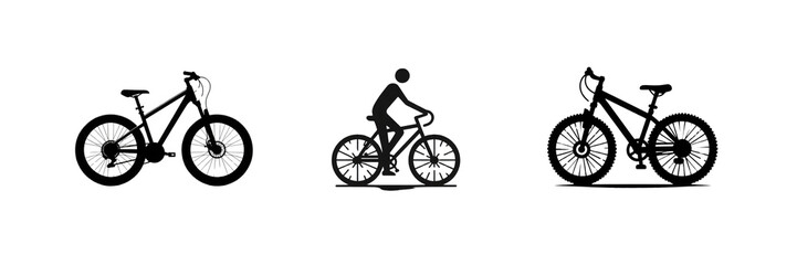 Set of Silhouette image of bicycle icon, isolated over on transparent white background