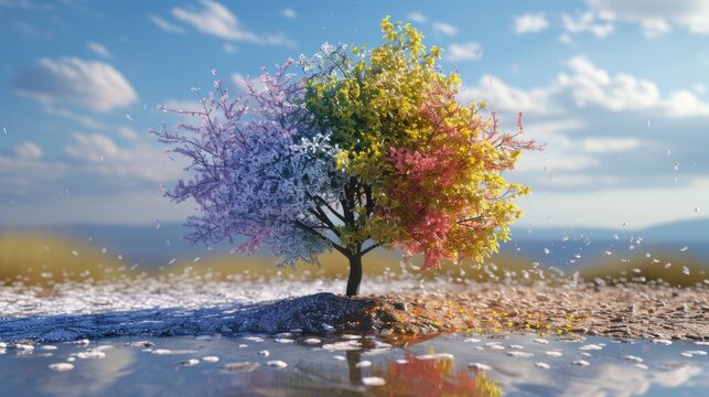 A captivating artistic representation of a tree showing all four seasons simultaneously. The vibrant colors of spring, summer, fall, and winter blend harmoniously, creating a visually stunning and