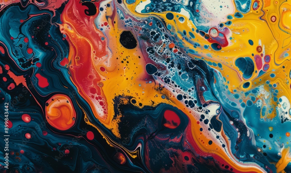 Poster abstract painting with bold, contrasting colors and intricate patterns, evoking a sense of chaos and