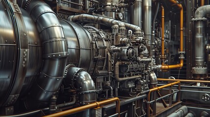 Obraz premium An industrial machine with an intricate network of pipes and mechanisms, showcasing advanced engineering and industrial design. The metallic surfaces and detailed components reflect a high level of