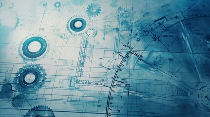 Obraz premium Mechanical gears in blue and white gradient background. Industrial engineering and machinery concept.