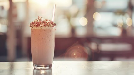 Creamy milkshake with smooth texture, topped with whipped cream and chocolate sprinkles, perfect treat for hot summer days.