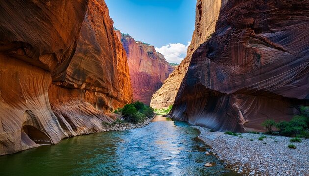 Un ca&ntilde;&oacute;n profundo y estrecho con paredes rocosas de colores vibrantes.