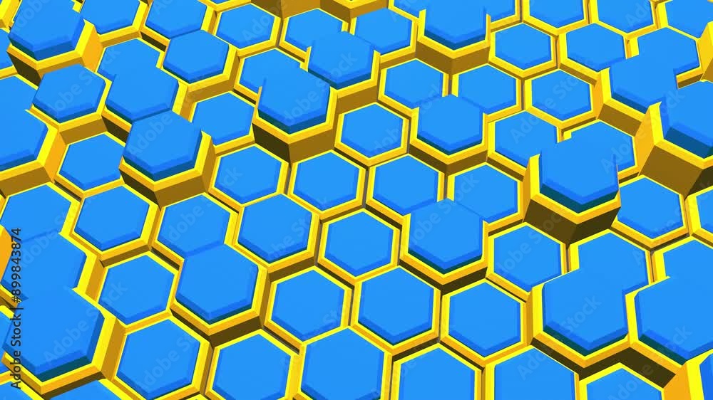 Poster blue and yellow hexagon animation in 3d rendering, creating a dynamic visual effect.
