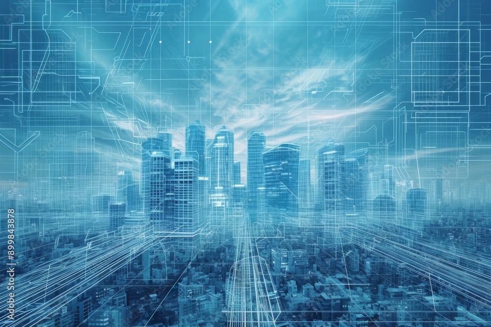 Poster cityscape with crisscrossing lines and intersecting sky, merge of construction engineering project b