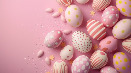 Fototapeta premium Easter themed eggs on pink background with space for text