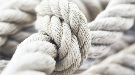 Soft white cotton rope twisted into a tight knot for decorative purposes in crafts, DIY projects, macrame, and nautical-themed decorations.