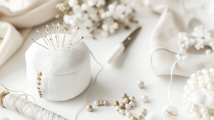 Stylish white and gold sewing supplies beautifully arranged on a clean white table, perfect for any fashion enthusiast or DIY sewing project lover