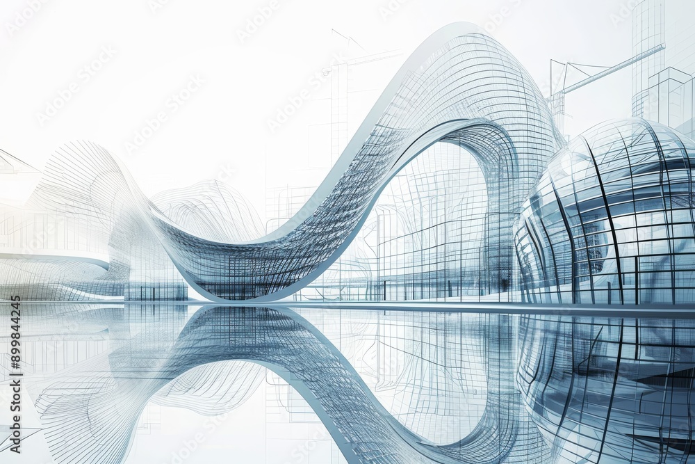 Poster impressive architecture of a large building with an extended curved design, merging images of modern