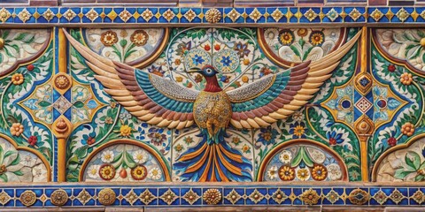 Mosaic Bird with Floral Pattern, Russian Architecture, Ornate Tilework, St. Basil's Cathedral, Moscow