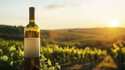 Fototapeta premium Wine bottle in sunlit vineyard, captured during golden hour, showcasing grapevines and picturesque landscape, wine production concept