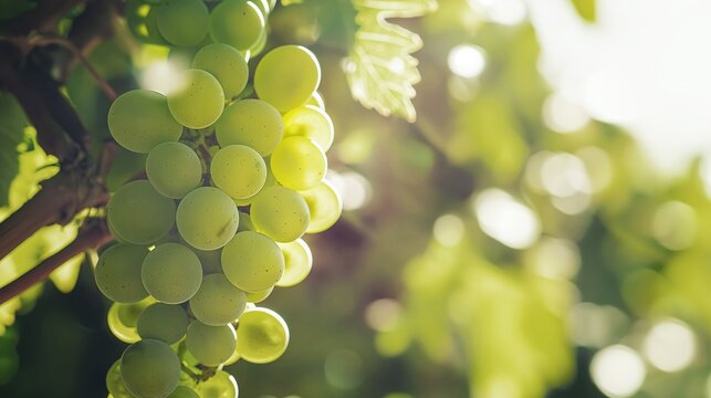A Bountiful Harvest of Juicy Green Grapes Hanging on the Vine, Glistening in the Warm Sunlight, Perfectly Ripe and Ready to be Picked and Enjoyed