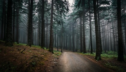 Obraz premium Un bosque oscuro y misterioso con árboles de coníferas altos y esbeltos. Un camino de tierra