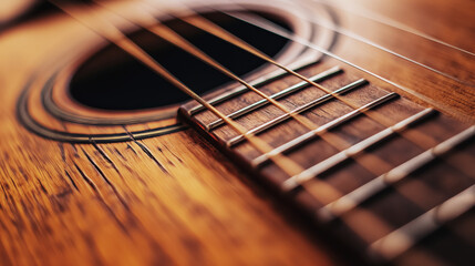 Fototapeta premium Close-up of acoustic guitar strings on wooden body, detailed guitar strings, music concept