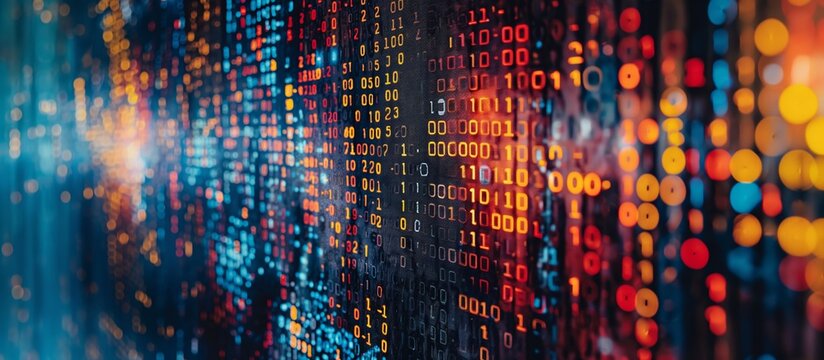 Abstract data streams transformed into intricate patterns of encrypted symbols, Technology background, Big data concept, Binary computer code.