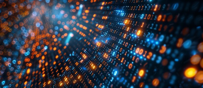 Abstract data streams transformed into intricate patterns of encrypted symbols, Technology background, Big data concept, Binary computer code.