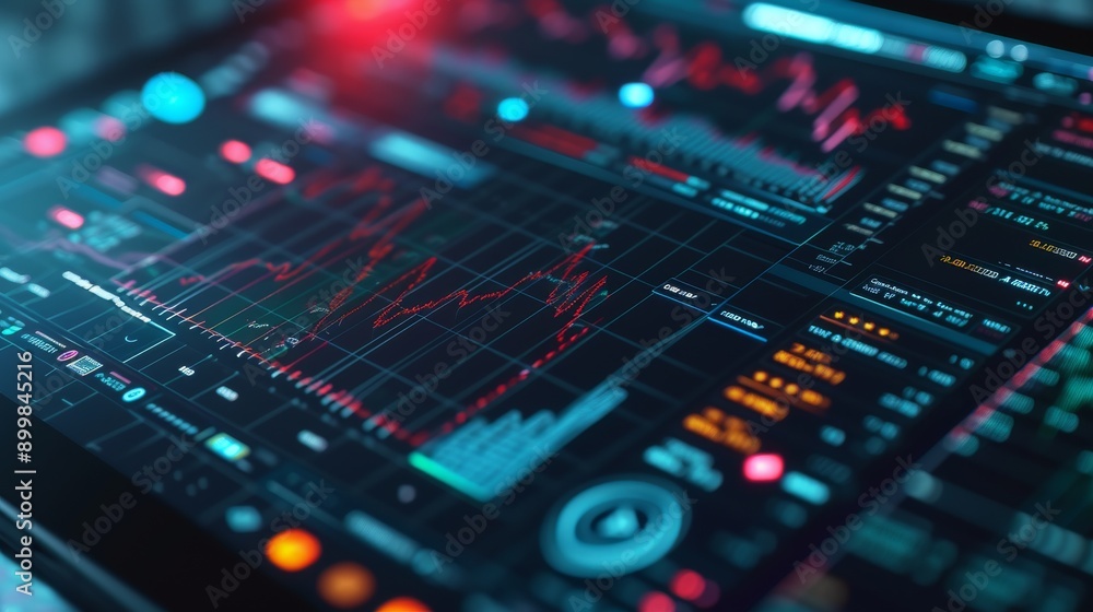 Poster a high-tech tablet screen displaying vibrant financial charts and data. the dynamic graphs and vivid