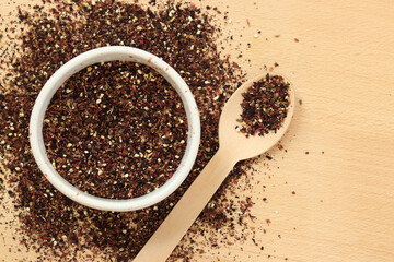 Fruit tea on the background of the table. Top view of tea in white dishes. Tea composition....